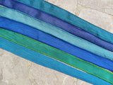 OCEAN VIEW Hand Dyed Silk Ribbon Assortment 6 Strings Sewn Assorted Blue Green Aqua Periwinkle Teal Colors, Great Wraps or Craft Ribbon