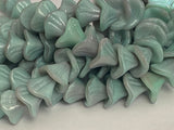 SEAFOAM Three Petal Flowers /Seafoam Green & Gray Czech Glass Beads Qty 12 Pressed Glass Opaque Sea Foam Flower Beads