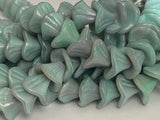 SEAFOAM Three Petal Flowers /Seafoam Green & Gray Czech Glass Beads Qty 12 Pressed Glass Opaque Sea Foam Flower Beads