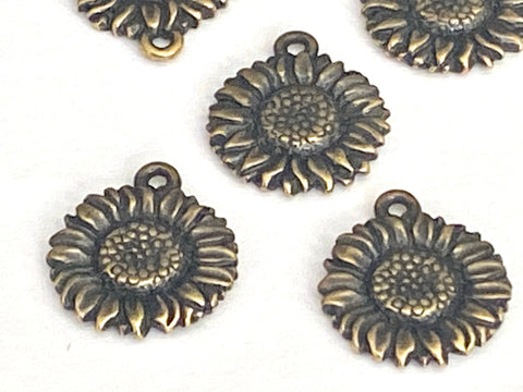 TierraCast Sunflower Drops Antique Brass Charms 17mm Qty 4 to 20 Bronze Sun Flower Pendants Wrap Bracelet Charms Made in US Double Sided