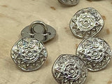 Mandala Metal Buttons 3/8” Bright Silver Sun Star Button Qty 4 Rustic Freeform Round Shape 10mm, Ethnic Tribal Style