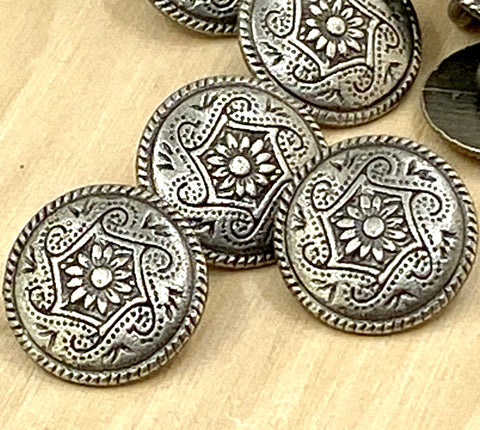 Flower Dance Metal Buttons 5/8" Antique Silver, Floral Twist Tapestry Button, Qty 4 to 8, 15mm Clothing or Leather Wrap Clasps