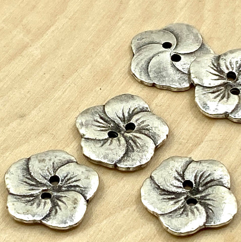 HIBISCUS Buttons 3/4” Antique Silver, Gorgeous Tropical Hawaiian Flower Button 19mm Qty 4 to 12, Leather Clasp, Clothing Sweater Two Hole