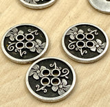 Flower Garden Metal Buttons Antique Silver, Four Hole Button 15mm Qty 4 to 8, 5/8” Sweater, Jewelry Clasp Button, Knitting, Shirt, or Jacekt