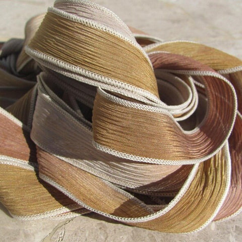 BROWN SUGAR Silk Ribbon Qty 5, Hand Dyed Strings Tan Brown Cream Gray Great for Bracelet Wraps, Necklaces and Crafts