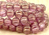 HALO MADDER Cherub Melon Beads /Czech Glass Beads /Light Pink with Light Gold Dusting Round Carved Melons 8mm Strand 25 Fluted Pumpkin Beads