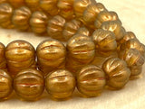 HALO Sandalwood Melon Beads /Czech Glass Beads /Orange Yellow with Light Gold Dusting Round Carved Melons 8mm Strand 25 Fluted Pumpkin Beads