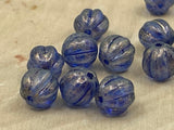 HALO Ultramarine Melon Beads /Czech Glass Beads /Blue with Light Gold Dusting Round Carved Melons 8mm Strand 25 Fluted Pumpkin Beads