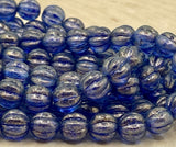 HALO Ultramarine Melon Beads /Czech Glass Beads /Blue with Light Gold Dusting Round Carved Melons 8mm Strand 25 Fluted Pumpkin Beads