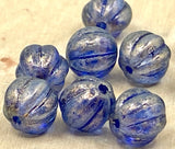 HALO Ultramarine Melon Beads /Czech Glass Beads /Blue with Light Gold Dusting Round Carved Melons 8mm Strand 25 Fluted Pumpkin Beads