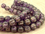 HALO Regal Melon Beads /Czech Glass Beads /Purple with Light Gold Dusting Round Carved Melons 8mm Strand 25 Fluted Pumpkin Beads