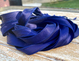 Navy Blue Silk Satin Ribbon, Wrap Bracelets, Shiny Hand Dyed Silk Qty 5 Strings Dark Indigo, Bridal Bouquet Trim Elegant Jewelry