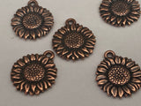 Sunflower Drops Antique Copper Flower Charms Tierracast 17mm Qty 4 to 20, Sun Flower Pendants, Wrap Bracelet Charms Made in US Double Sided