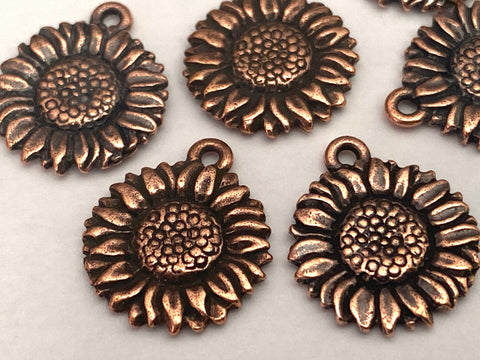 Sunflower Drops Antique Copper Flower Charms Tierracast 17mm Qty 4 to 20, Sun Flower Pendants, Wrap Bracelet Charms Made in US Double Sided