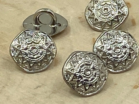 Mandala Metal Buttons 3/8” Bright Silver Sun Star Button Qty 4 Rustic Freeform Round Shape 10mm, Ethnic Tribal Style