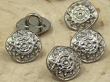 Mandala Metal Buttons 3/8” Bright Silver Sun Star Button Qty 4 Rustic Freeform Round Shape 10mm, Ethnic Tribal Style