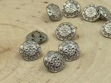 Mandala Metal Buttons 3/8” Bright Silver Sun Star Button Qty 4 Rustic Freeform Round Shape 10mm, Ethnic Tribal Style