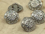 Mandala Metal Buttons 3/8” Bright Silver Sun Star Button Qty 4 Rustic Freeform Round Shape 10mm, Ethnic Tribal Style