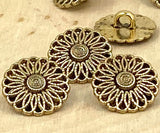 DAISY Flower Buttons 5/8" Antique Gold, Metal Button Qty 4 to 24, 15mm Leather Wrap Clasps Sewing Button Sweater Shirt Jewelry Clasp Closure