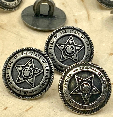 Oklahoma Star Buttons, Antique Silver Button, 15mm, 5/8" Qty 4, Dark Silver Patriotic Great State, Leather Wrap Clasps Clothing Suit Sweater