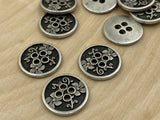 Flower Garden Metal Buttons Antique Silver, Four Hole Button 15mm Qty 4 to 8, 5/8” Sweater, Jewelry Clasp Button, Knitting, Shirt, or Jacekt