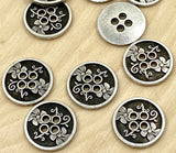 Flower Garden Metal Buttons Antique Silver, Four Hole Button 15mm Qty 4 to 8, 5/8” Sweater, Jewelry Clasp Button, Knitting, Shirt, or Jacekt