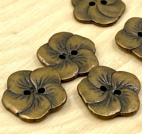 HIBISCUS Buttons 3/4” Antique Brass, Tropical Hawaiian Bronze Flower Button 19mm Qty 4 to 8, Leather Clasp, Clothing Sweater Two Hole