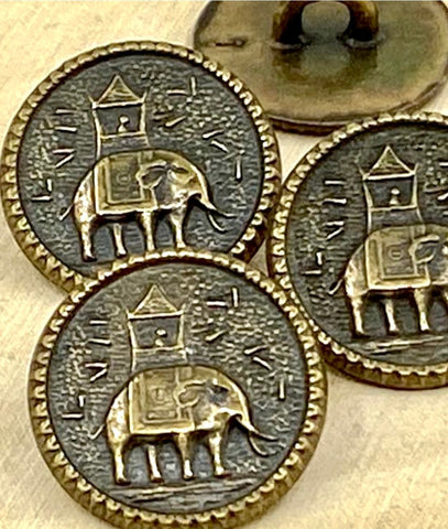 ELEPHANT Metal Buttons, Qty 4, 5/8" Howdah Coin Metal Button, Antique Brass, 15mm Leather Wrap Clasps and Clothing Houdah Bronze Ethnic