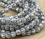 SILVER METALLIC 5mm Melon Beads Czech Glass /Carved Melon Beads Strand of 50 Beads