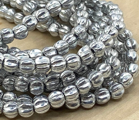 SILVER METALLIC 5mm Melon Beads Czech Glass /Carved Melon Beads Strand of 50 Beads