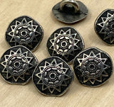 Mandala Metal Buttons 3/8” Antique Silver Button Qty 4 Sun Star Round Shank Back Buttons, 10mm, Ethnic Tribal Style