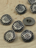 Mandala Metal Buttons 5/8” Antique Silver Sun Star Button Qty 4 Round Shank Back Buttons, 15mm, Ethnic Tribal Style