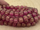 HALO MADDER ROSE Melon Beads /Czech Glass Beads /Pink with Light Gold Dusting Round Carved Melons 8mm Strand 25 Fluted Pumpkin Beads