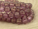 HALO MADDER Cherub Melon Beads /Czech Glass Beads /Light Pink with Light Gold Dusting Round Carved Melons 8mm Strand 25 Fluted Pumpkin Beads