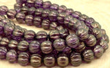 HALO Regal Melon Beads /Czech Glass Beads /Purple with Light Gold Dusting Round Carved Melons 8mm Strand 25 Fluted Pumpkin Beads