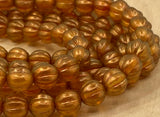 HALO Sandalwood Melon Beads /Czech Glass Beads /Orange Yellow with Light Gold Dusting Round Carved Melons 8mm Strand 25 Fluted Pumpkin Beads