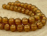 HALO Sandalwood Melon Beads /Czech Glass Beads /Orange Yellow with Light Gold Dusting Round Carved Melons 8mm Strand 25 Fluted Pumpkin Beads