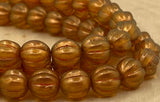 HALO Sandalwood Melon Beads /Czech Glass Beads /Orange Yellow with Light Gold Dusting Round Carved Melons 8mm Strand 25 Fluted Pumpkin Beads