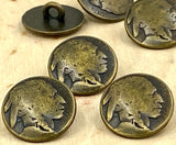 INDIAN HEAD Metal Buttons, 5/8" Antique Brass Metal Button Qty 4 to 12 American Indian Head Nickel 15mm, Coin Reproductions Buttons