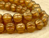 HALO Sandalwood Melon Beads /Czech Glass Beads /Orange Yellow with Light Gold Dusting Round Carved Melons 8mm Strand 25 Fluted Pumpkin Beads