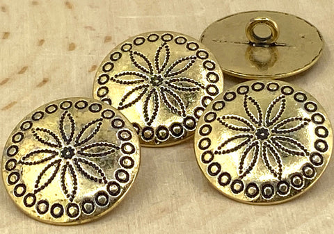 TRIBAL FLOWER Metal Buttons 20mm Antique Gold, Concho Button, Qty 4 to 8, Jewelry Findings, Concha Native American Style Buttons, 3/4”