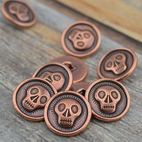 SKULLY Metal Buttons, Skull Face Button, Tierracast 17mm Antique Copper Qty 4 Day of the Dead Buttons, Leather Wraps Focal Clasp