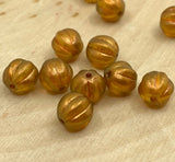 HALO Sandalwood Melon Beads /Czech Glass Beads /Orange Yellow with Light Gold Dusting Round Carved Melons 8mm Strand 25 Fluted Pumpkin Beads