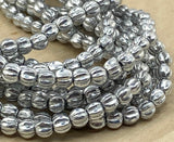 SILVER METALLIC 5mm Melon Beads Czech Glass /Carved Melon Beads Strand of 50 Beads