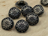 Mandala Metal Buttons 3/8” Antique Silver Button Qty 4 Sun Star Round Shank Back Buttons, 10mm, Ethnic Tribal Style