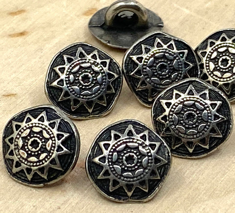 Mandala Metal Buttons 3/8” Antique Silver Button Qty 4 Sun Star Round Shank Back Buttons, 10mm, Ethnic Tribal Style