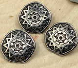 Mandala Metal Buttons 5/8” Antique Silver Sun Star Button Qty 4 Round Shank Back Buttons, 15mm, Ethnic Tribal Style