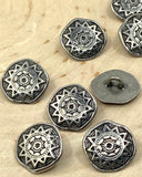 Mandala Metal Buttons 5/8” Antique Silver Sun Star Button Qty 4 Round Shank Back Buttons, 15mm, Ethnic Tribal Style