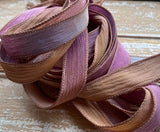 DESERT ROSE Silk Ribbons, Hand Dyed Handmade Silk Ribbon Strings 5 Silk Watercolor Ribbons Brown Pink Lilac