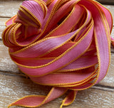 WOW Silk Ribbons Hand Dyed Sewn Crinkle Silk Strings, Qty 5 Pink Orange Coral Handmade for Bracelet Wraps or Necklaces